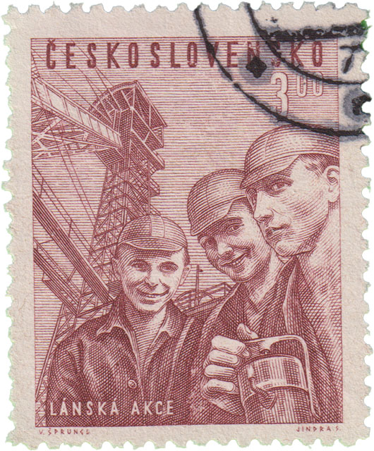 Motiv Briefmarke Bergbau Briefmarke aus Tschechin Förderturm Bergmänner Karbidlampe