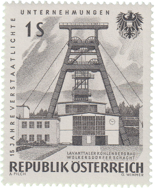 Bergbau Briefmarke aus Österreich mit Förderturm