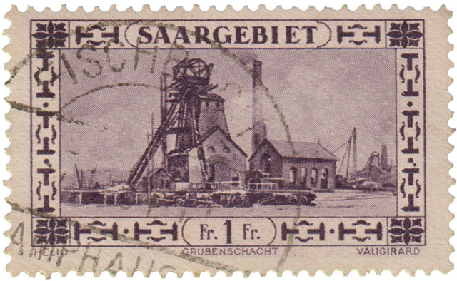 Saargebiet Grubenschacht 1fr Bergbau Briefmarke