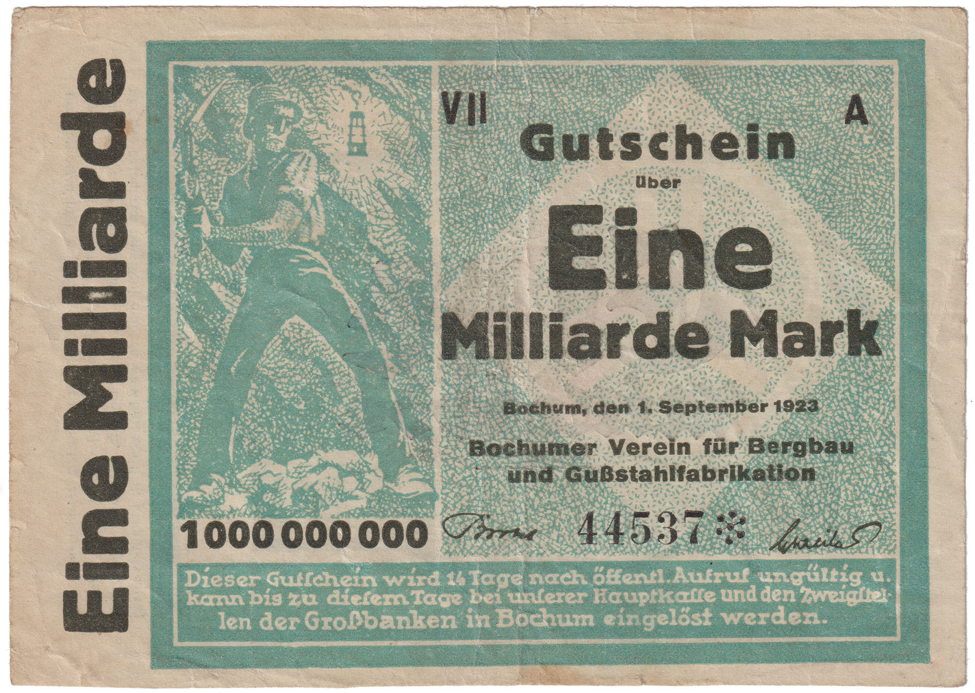 Gutschein über Eine Milliarde Mark Bochumer Verein und Gussstahlfabrikation vom September 1923