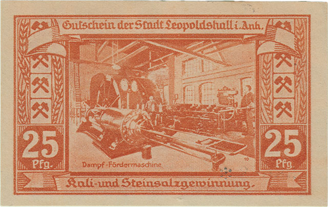 Gutschein der Stadt Leopoldshall - Kali und Steinsalzgewinnung - Dampf Fördermaschine - Notgeld Seite1