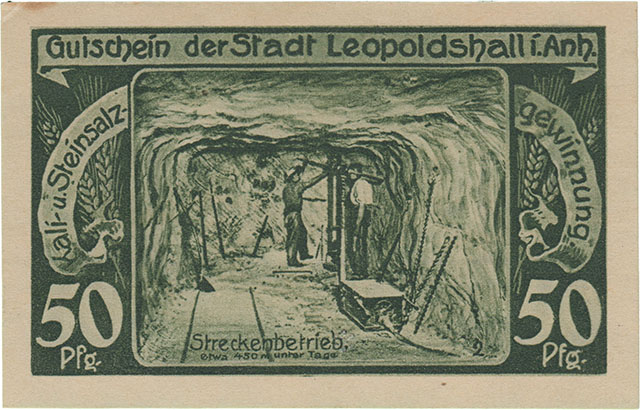 Gutschein der Stadt Leopoldshall - Kali und Steinsalzgewinnung - Streckenbetrieb - Notgeld Seite 1