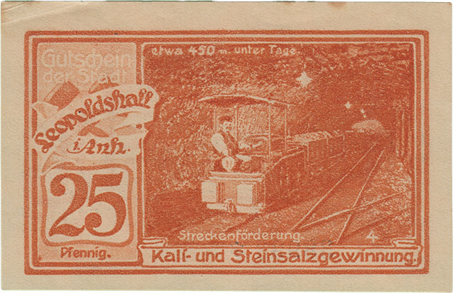 Gutschein der Stadt Leopoldshall - Kali und Steinsalzgewinnung - Streckenförderung - Notgeld Seite 1