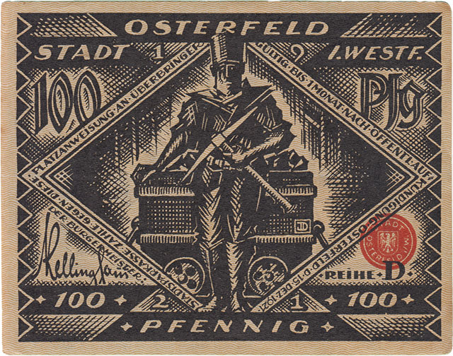 Osterfeld - Bergbaubezogener Notgeldschein 100 Pfennig - Bergmann mit Lore - Geldschein Seite 1