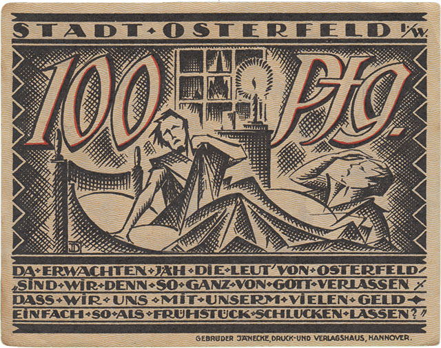 Osterfeld Bergbaubezogener Notgeldschein 100 Pfennig - Bergmann mit Lore - Geldschein Seite 2