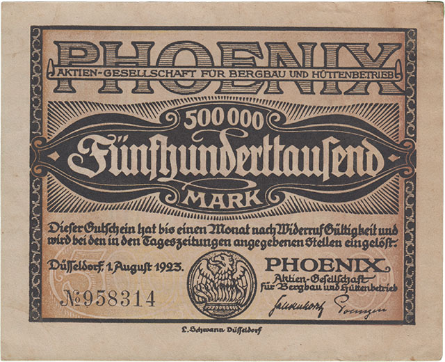 Phoenix Aktien Gesellschaft für Bergbau und Hüttenbetrieb - Fünfhunderttausend Mark - Notgeldschein Düsseldorf - 1 August 1923