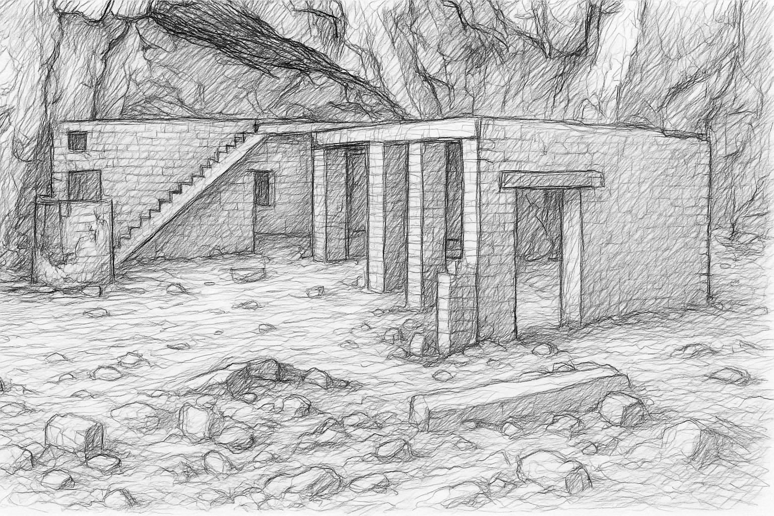 Kohlezeichnung der Einbauten der U-Verlagerung Barbe